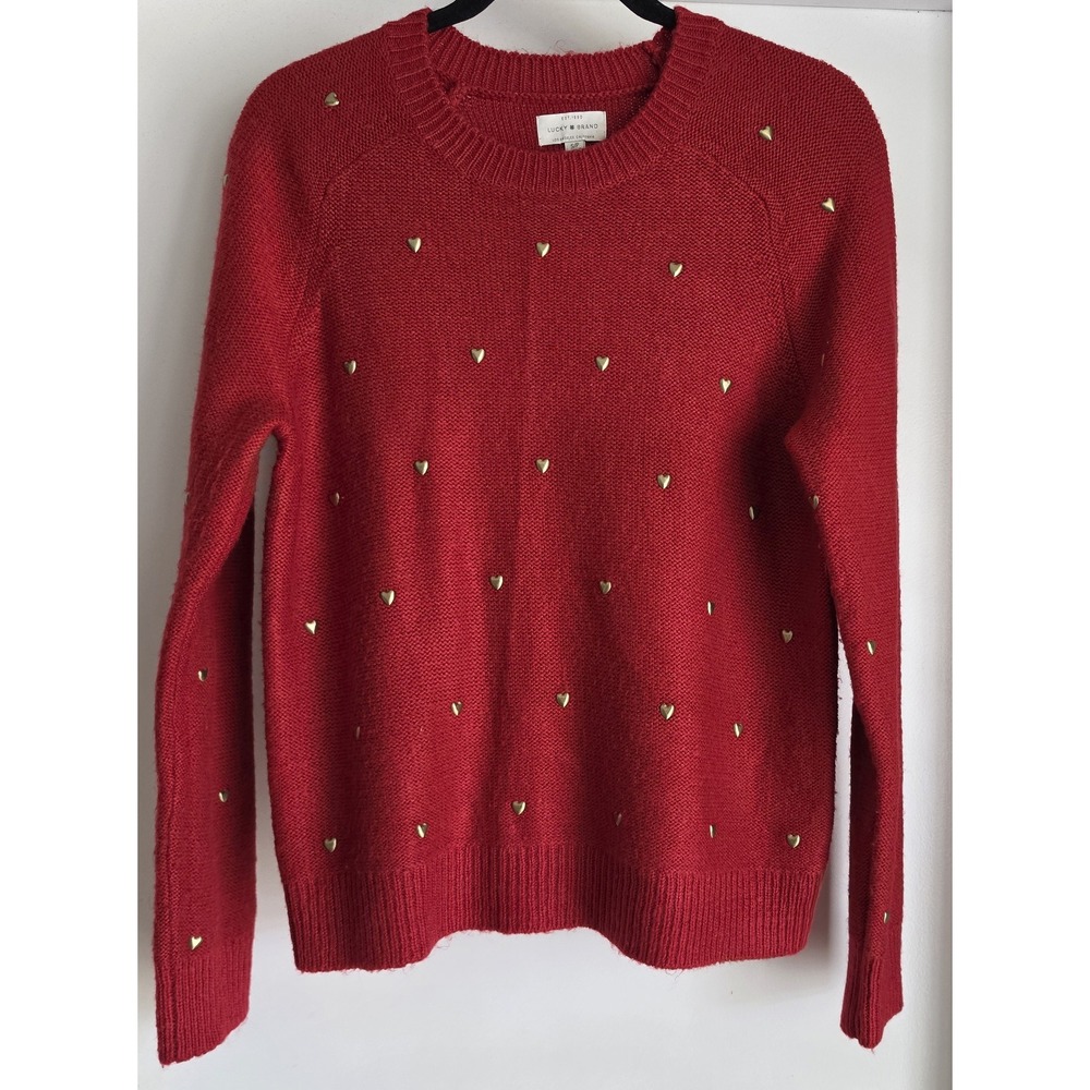 Lucky Brand Women's S Red Crew Neck Long Sleeve Pullover Sweater Top Gold Hearts